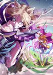  2girls absurdres animal_ears blonde_hair cape clenched_teeth crown freely2327 gloves highres horse_ears horse_girl mini_crown multiple_girls narita_top_road_(umamusume) orange_hair purple_cape red_eyes running short_hair t.m._opera_o_(umamusume) teeth umamusume 