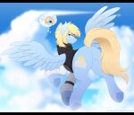 2024 artist_name black_bars blonde_hair blue_body blue_skies_(abluepegasus) blue_sky blurred_background bottomless butt clothed clothed_feral clothing cloud cloudscape cutie_mark detailed_background digital_media_(artwork) english_text equid equine fan_character feathered_wings feathers featureless_crotch feral flying hair hasbro hi_res higglytownhero hooves letterbox looking_at_viewer looking_back looking_back_at_viewer male mammal my_little_pony pegasus quadruped rear_view sky solo spread_wings tail text thought_bubble topwear topwear_only underhoof widescreen wings yellow_tail