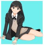  1girl amagami arm_support ayatsuji_tsukasa black_eyes black_hair black_jacket black_ribbon black_sailor_collar black_socks blazer blue_background border closed_mouth collared_shirt grey_skirt grey_sweater highres jacket kibito_high_school_uniform long_hair long_sleeves looking_at_viewer miniskirt neck_ribbon outside_border pleated_skirt ribbon sailor_collar school_uniform shirt simple_background sitting skirt socks solo straight_hair sweater takemi_kaoru thighs white_border white_shirt 