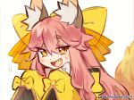  1girl :d absurdres animal_ear_fluff animal_ears artist_name bow fang fate/samurai_remnant fate_(series) fox_ears fox_tail hair_bow highres japanese_clothes kimono leorlontyan long_hair looking_at_viewer open_mouth pink_hair simple_background sleeves_past_fingers sleeves_past_wrists smile solo tail tamamo_(fate) tamamo_aria_(fate) upper_body white_background yellow_bow yellow_eyes yellow_kimono 