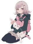  1girl absurdres backpack bag black_jacket black_thighhighs blush closed_mouth danganronpa_(series) danganronpa_2:_goodbye_despair full_body grey_skirt hair_ornament highres hood hooded_jacket jacket kaigan0211 long_sleeves looking_at_viewer monomi_(danganronpa) nanami_chiaki neck_ribbon pink_bag pink_eyes pink_hair pink_ribbon ribbon seiza short_hair simple_background sitting skirt smile solo stuffed_animal stuffed_toy thighhighs white_background 