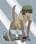  blush bottomless canine chancebandit clothing coyote cute hat looking_at_viewer male mammal pants_pull piercing raised_tail solo tail_button_bottoms 
