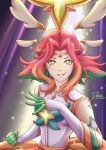 1girl absurdres artist_name brown_hair colored_skin covered_collarbone darc_arts elbow_gloves freckles gloves green_eyes green_skin grey_gloves grey_shirt grin highres league_of_legends multicolored_hair neeko_(league_of_legends) parted_bangs red_hair shirt smile solo star_guardian_neeko teeth two-tone_hair upper_body 
