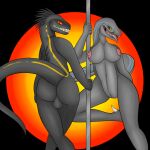 anthro balls blue_(jurassic_world) breasts dancing dinosaur duo female genitals hi_res humanoid_genitalia humanoid_pussy indoraptor jurassic_park jurassic_world looking_at_viewer male nipples pole pole_dancing pussy reptile rorrek scalie sharp_teeth simple_background stripper_pole teeth theropod tongue tongue_out universal_studios