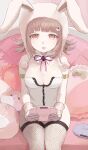  1girl absurdres animal_bag animal_ears animal_hood armlet bare_shoulders breasts brown_hair cat_bag cleavage danganronpa_(series) danganronpa_2:_goodbye_despair detached_collar fake_animal_ears fishnet_thighhighs fishnets flipped_hair galaga hair_ornament handheld_game_console highres holding holding_handheld_game_console hood inonaga large_breasts medium_hair mole mole_on_breast nanami_chiaki neck_ribbon pink_bag pink_ribbon rabbit_hood revision ribbon sitting solo thighhighs 