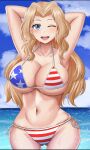  1girl american_flag_bikini armpits arms_behind_head arms_up bikini blonde_hair blue_eyes blue_sky breasts cleavage cloud cloudy_sky commentary cowboy_shot day flag_print girls_und_panzer hair_intakes halterneck highres horizon kay_(girls_und_panzer) large_breasts long_hair looking_at_viewer navel ocean one_eye_closed open_mouth outdoors paldise side-tie_bikini_bottom sky smile solo standing string_bikini swimsuit thigh_gap wet 