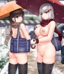  2girls ass bag black_thighhighs blush breasts brown_hair brown_scarf butt_crack expressionless hair_ornament hairclip highres looking_at_viewer looking_back medium_breasts medium_hair mittens multiple_girls naked_scarf navel nipples niwano_7hoshi nude open_mouth orange_umbrella original outdoors plaid plaid_scarf public_indecency public_nudity purple_eyes pussy red_eyes red_scarf red_umbrella sakiyama_kyouka scarf school_bag seto_kanon sideboob snow snowing thighhighs umbrella white_hair zenra 