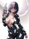  1girl absurdres alternate_costume animal_print black_hair breasts cleavage cow_print food grey_hair hair_ornament highres hololive hololive_english ice_cream large_breasts looking_at_viewer multicolored_hair open_clothes seventeencrows shiori_novella simple_background smile solo split-color_hair twitter_username two-tone_hair virtual_youtuber yellow_eyes zipper 