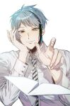  1boy bishounen black_necktie blue_hair brown_eyes closed_mouth collared_shirt earrings floyd_leech hand_on_own_face hands_up head_rest heterochromia highres jewelry kitsune_(ly_howe) long_sleeves looking_at_viewer male_focus multicolored_hair necktie paper_airplane shirt short_hair simple_background single_earring smile solo streaked_hair striped_necktie twisted_wonderland upper_body white_background white_necktie white_shirt yellow_eyes 