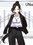  1girl :o bai_winchester bar_graph black_hair black_jacket black_pants blurry blurry_background breasts business_suit cleavage closers collared_shirt cowboy_shot crossed_arms dress_shirt frown graph_(object) heterochromia highres id_card jacket jacket_on_shoulders jewelry lanyard long_hair long_sleeves looking_at_viewer office_lady official_art pant_suit pants pendant pink_eyes ponytail purple_eyes shirt shirt_tucked_in solo suit suit_jacket very_long_hair watch white_background white_shirt wristwatch 