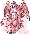 2024 3_toes 4_fingers akkuma407 anthro biceps biped crotch_tuft featureless_crotch feet fingers forked_tongue fur furred_reptilian furred_snake male muscular muscular_anthro muscular_male pecs pink_body pink_eyes pink_fur reptile scalie snake solo toes tongue tongue_out tuft watermark wings