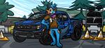 amphibian anthro blue_body blue_fur blue_vehicle bottomless bottomless_male brown_clothing brown_shirt brown_topwear canid canine canis clothed clothing cones fin ford ford_f150 ford_raptor fur generation_3_pokemon head_tuft hi_res hybrid leaning_on_object light_truck male mammal nintendo orange_body orange_eyes orange_gills orange_nose orange_scales pantsless persim_scarf pickup_truck pit_stop plant plateau pokemon pokemon_(species) pokemon_mystery_dungeon quiflex race_track scales shirt smile smiling_at_viewer solo splatoon swampert tail tail_fin tire topwear tree truck_(vehicle) tuft vehicle wheels wolf xevy