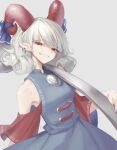  1girl bare_shoulders blue_bow bow cowboy_shot curly_hair earrings grey_background grey_hair grin highres holding holding_weapon horn_bow horn_ornament horns jewelry looking_at_viewer medium_hair orchid_(pixiv3730518) over_shoulder pointy_ears red_eyes red_horns red_sleeves ribbon sharp_teeth sheep_horns simple_background smile solo teeth touhou toutetsu_yuuma weapon weapon_over_shoulder 