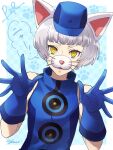  1girl absurdres animal_ears bare_shoulders blue_dress blue_gloves blue_headwear blunt_bangs border cat_ears cat_nose commentary_request dress elizabeth_(persona) gloves grey_hair hands_up hat high_collar highres looking_at_viewer mini_hat open_hands outside_border persona persona_3 persona_3_reload short_hair sleeveless sleeveless_dress solo speech_bubble twitter_username upper_body white_border yellow_eyes yokaroni 