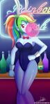  1girl animal_ears bar_(place) bottle breasts chewing_gum cleavage detached_collar highres large_breasts leotard long_hair looking_at_viewer multicolored_hair my_little_pony my_little_pony:_equestria_girls my_little_pony:_friendship_is_magic pantyhose playboy_bunny ponytail rabbit_ears rainbow_dash rainbow_hair red_eyes solo the-butcher-x wrist_cuffs 