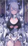  1girl armor breasts cleavage cleavage_cutout clothing_cutout demon_girl demon_horns demon_wings duel_monster gauntlets grey_eyes hair_between_eyes highres horns lady_labrynth_of_the_silver_castle large_breasts looking_at_viewer lovely_labrynth_of_the_silver_castle low_wings pointy_ears sakuragi_raia solo twintails wings yu-gi-oh! 