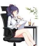  1girl anklet bare_legs black_skirt black_undershirt blue_hair blush bow bubble_tea business_casual chair closed_eyes closers collared_shirt crossed_legs cup dark_blue_hair disposable_cup dress_shirt drinking_straw eating eunha_(closers) feet_out_of_frame food full_mouth green_eyes hair_ribbon hand_up highres holding holding_food holding_paper id_card jewelry lanyard long_sleeves medium_hair miniskirt office_chair office_lady official_art on_chair paper pendant plant ponytail red_ribbon ribbon sandwich shirt shirt_under_shirt sitting skirt sleeve_bow solo swivel_chair table white_background white_bow white_shirt 