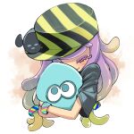  1girl ^_^ blonde_hair bracelet closed_eyes closed_mouth clownfish colored_eyelashes fish gradient_hair green_hair harmony&#039;s_clownfish_(splatoon) harmony_(splatoon) hat highres hugging_object jewelry long_hair multicolored_hair muramasa_mikado pink_hair sideways_hat smile solo splatoon_(series) striped_clothes striped_headwear tentacle_hair 