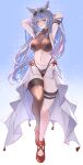  1girl animal_ear_fluff animal_ears arm_belt armpits arms_behind_head arms_up bikini black_bikini black_thighhighs blue_hair breasts cat_ears cleavage commentary drone_(drone_37) eyewear_on_head full_body highleg highleg_bikini highres large_breasts long_hair looking_at_viewer mole mole_under_eye multi-strapped_bikini_bottom navel original parted_lips red_footwear sarong shoes simple_background single_thighhigh smile solo standing sunglasses swimsuit symbol-only_commentary thighhighs walking white_sarong yellow_eyes 