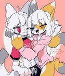 anthro arcanis_(hahaluckyme) bottomless calico_cat clothed clothing digital_drawing_(artwork) digital_media_(artwork) domestic_cat duo eyes_closed felid feline felis fur grey_body grey_fur hair hi_res mammal midriff one_eye_closed open_mouth open_smile pink_background red_eyes robo_(robosylveon) robosylveon simple_background smile white_body white_fur white_hair yellow_body yellow_fur