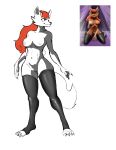 absurd_res anthro areola blair_(hyenamane) bottomless breasts canid canine clothed clothing female fox full-length_portrait hair hi_res hyenamane leggings legwear looking_aside mammal nipples orange_hair portrait red_hair reference_image smile solo thigh_highs topless wide_hips