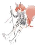  1girl absurdres animal_ears arknights armor boots brown_eyes closed_mouth commentary_request flametail_(arknights) full_body gauntlets grey_skirt hair_between_eyes highres holding holding_sword holding_weapon knee_boots long_hair pauldrons red_hair shoe_soles shoulder_armor simple_background sketch skirt solo sword tail uta_shiro11 very_long_hair weapon white_background white_footwear 