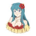  1girl absurdres bare_shoulders bikini blue_eyes blue_hair breasts cleavage commentary_request eirika_(fire_emblem) eirika_(summer)_(fire_emblem) fire_emblem fire_emblem:_the_sacred_stones fire_emblem_heroes flower hair_flower hair_ornament hibiscus highres jewelry long_hair looking_at_viewer necklace off-shoulder_bikini off_shoulder red_flower simple_background smile solo swimsuit tak0baka upper_body very_long_hair white_background yellow_bikini 