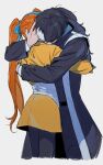  1boy 1girl ace_attorney athena_cykes belt black_belt black_hair black_jacket black_pants blue_ribbon cowboy_shot galar_1jjang hair_ribbon haori highres hug jacket japanese_clothes long_hair long_sleeves multicolored_hair orange_hair pants phoenix_wright:_ace_attorney_-_dual_destinies ribbon side_ponytail simon_blackquill simple_background skirt standing two-tone_hair white_background white_hair yellow_jacket yellow_skirt 