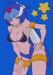  1girl absurdres bikini bikini_top_only black_bikini blue_background blue_eyes blush breasts buzzlyears collarbone fairy_leviathan_(mega_man) forehead_jewel helmet highres humanization large_breasts looking_at_viewer mega_man_(series) mega_man_zero_(series) navel simple_background solo swimsuit 