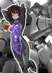  ahoge antenna_hair armor arms_behind_head arms_up bangs black_bodysuit bodysuit breasts brown_hair covered_navel covered_nipples dark_skin looking_at_viewer mecha muvluv muvluv_alternative muvluv_total_eclipse one_eye_closed otoo_(izanagi) pilot_suit purple_bodysuit purple_eyes short_hair skin_tight small_breasts smile tarisa_manandal weapon white_background 