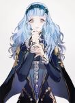  1girl blue_cape blue_dress blue_hair cape closed_mouth dress eyelashes fire_emblem fire_emblem:_three_houses fire_emblem_warriors:_three_hopes furrowed_brow gold_trim grey_eyes long_hair looking_at_viewer marianne_von_edmund own_hands_together simple_background solo standing tsukimura_noe wavy_hair white_background 
