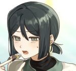  1boy black_hair blush eating fate/zero fate_(series) fork grey_eyes hair_between_eyes holding holding_fork imminent_bite looking_ahead lower_teeth_only male_focus portrait short_hair short_ponytail solo sweatdrop teeth tokoni_fusu waver_velvet white_background 