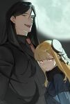  1boy 1girl black_eyes black_hair black_jacket black_shirt blonde_hair blurry blurry_background collared_shirt fate_(series) from_side full_moon height_difference highres jacket long_hair looking_at_viewer lord_el-melloi_ii lord_el-melloi_ii_case_files moon necktie red_eyes red_necktie reines_el-melloi_archisorte shirt tokoni_fusu tongue tongue_out upper_body waver_velvet 