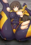  8000 blush bodysuit breast_slip breasts brown_hair clenched_teeth commentary_request covered_navel covered_nipples embarrassed highres kneepits large_breasts long_hair looking_at_viewer muvluv muvluv_alternative muvluv_total_eclipse nipples one_breast_out pilot_suit purple_eyes sidelocks solo spread_legs takamura_yui teeth torn_bodysuit torn_clothes 