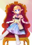  1girl blonde_hair blue_eyes blue_skirt blush boots commentary_request crossed_legs full_body looking_at_viewer medium_bangs nichijou open_mouth pmpm_168 pointy_ears princess_starla_(nichijou) shirt short_hair short_sleeves skirt solo throne white_footwear yellow_shirt 