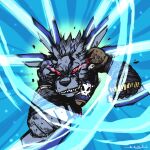  1other artist_name brass_knuckles denim digimon digimon_(creature) digimon_adventure:_(2020) energy_blade energy_wings glowing glowing_eyes jeans mechanical_wings official_art pants red_eyes shoulder_pads signature watanabe_kenji weapon weregarurumon weregarurumon_sagittarius_mode werewolf wings wolf 