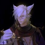  1boy absurdres animal_ears black_background blue_eyes cat_boy cat_ears closed_mouth commentary commission dark_background english_commentary facial_mark facial_tattoo faux_traditional_media final_fantasy final_fantasy_xiv hair_over_one_eye highres jewelry lips male_focus miqo&#039;te purple_eyes scarf short_hair simple_background slit_pupils solo tattoo warrior_of_light_(ff14) white_hair yuming_li 