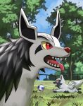  animal_focus ball colored_sclera commentary_request day dog evolutionary_line fence grass highres jira_(ziraiya26) mightyena no_humans open_mouth outdoors pokemon pokemon_(creature) red_eyes sharp_teeth sky soccer_ball teeth tongue tongue_out tree yellow_sclera 
