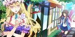  black_hair blonde_hair bug butterfly closed_eyes flower gloves guitar_case hat insect instrument_case jacket junejevons long_hair multiple_girls pink_eyes ribbon rose skirt touhou yakumo_yukari 