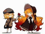  2girls aislan black_bow black_bowtie black_cape black_headwear blonde_hair bonnet bow bowtie brown_coat cape chibi coat don_quixote_(project_moon) dress flower full_body green_eyes holding holding_flower ishmael_(project_moon) limbus_company long_hair multiple_girls orange_hair project_moon red_dress red_flower red_rose rose short_hair simple_background very_long_hair white_background yellow_eyes 