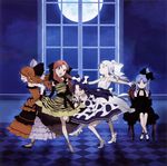  blue_hair bow brown_hair carnival_phantasm checkered checkered_floor dress full_moon gown hair_bow len long_hair melty_blood moon multiple_girls multiple_persona pointy_ears polka_dot red_eyes red_hair silver_hair takenashi_eri tsukihime white_hair white_len window 