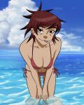  1girl absurdres bent_over bikini black_eyes blue_sky breasts breasts_squeezed_together cloud commentary gorillaz harrisartz highres looking_at_viewer medium_breasts navel noodle_(gorillaz) ocean red_bikini red_hair short_hair side-tie_bikini_bottom sky solo swimsuit tongue tongue_out wading 