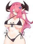  1girl alternate_costume bare_arms bare_shoulders bikini black_bikini breasts closed_mouth commentary cowboy_shot distr english_commentary front-tie_bikini_top front-tie_top granblue_fantasy hair_ornament hair_over_one_eye highres horns large_breasts long_hair narmaya_(granblue_fantasy) navel one_eye_covered pink_eyes pink_hair pointy_ears side-tie_bikini_bottom sidelocks simple_background solo stomach swimsuit white_background 