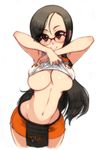  areolae bad_id bad_pixiv_id bare_shoulders black_hair blush breasts brown_eyes bursting_breasts clothes_writing curvy employee_uniform glasses groin hooters kusanagi_tonbo large_breasts long_hair looking_at_viewer navel no_bra no_legwear original revision shirt_lift smile solo underboob uniform white_background wide_hips 