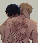 1boy 1girl back_tattoo black_hair blonde_hair burnt closed_eyes commentary completely_nude couple english_commentary facing_away facing_viewer fullmetal_alchemist grey_background hand_on_another&#039;s_back hand_on_another&#039;s_head hetero highres hug light_brown_hair nude raicchi_(raicchi96) riza_hawkeye roy_mustang scar scar_on_arm scar_on_back scar_on_hand scar_on_neck scar_on_shoulder short_hair simple_background tattoo toned upper_body 