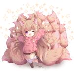  1girl :3 :d absurdres animal_ear_fluff animal_ears brown_hair chibi double_v fox_ears fox_girl fox_tail highres hood hoodie komuginyan long_hair long_sleeves looking_at_viewer miniskirt multiple_tails one_eye_closed original outstretched_arms pink_hoodie pleated_skirt purple_eyes simple_background skirt smile socks standing standing_on_one_leg star_(symbol) tail too_much_fluff twitter_username v very_long_hair white_background white_socks 