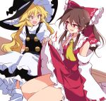  2girls apron ascot black_vest blonde_hair bow brown_hair clothes_lift commentary_request detached_sleeves hair_bow hair_tubes hakurei_reimu hat highres ichimura_kanata kirisame_marisa lifting_another&#039;s_clothes long_hair multiple_girls nontraditional_miko open_mouth red_bow red_eyes red_shirt red_skirt ribbon-trimmed_sleeves ribbon_trim shirt short_sleeves simple_background sitting skirt skirt_lift sweatdrop thighs touhou vest waist_apron white_background wide_sleeves witch_hat yellow_ascot yellow_eyes 