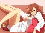 aragaki_shinjirou bad_id bad_pixiv_id bare_legs breasts character_doll cleavage couch derivative_work doll feet_out_of_frame female_protagonist_(persona_3) hair_down inoue_marina legs_up long_hair looking_at_viewer lying medium_breasts nagiko_(mangalove1111) naked_shirt no_bra on_back open_clothes open_shirt parody persona persona_3 persona_3_portable pillow red_eyes red_hair seiyuu_connection shirt style_parody tengen_toppa_gurren_lagann yoko_littner 