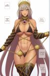  1girl abs bare_shoulders bikini black_bikini black_thighhighs blue_eyes blush breasts chain cleavage dark-skinned_female dark_skin english_commentary english_text fate/grand_order fate_(series) grey_hair highres large_breasts long_hair lvl_(sentrythe2310) navel open_mouth sideboob simple_background smile solo stomach swimsuit teeth thighhighs thighs underboob upper_teeth_only white_background zenobia_(fate) 