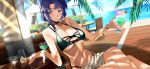  1girl alcohol artist_request bar_(place) bare_shoulders beach bikini black_choker blue_eyes blue_hair blue_sky blush bracelet breasts bush cecile_croomy cherry choker cleavage closed_mouth cocktail_glass code_geass code_geass:_lost_stories collarbone crossed_legs cup dappled_sunlight day drink drinking_glass drinking_straw drunk dutch_angle earrings flower food fruit game_cg green_bikini hands_up happy highleg highleg_bikini highres holding holding_cup holding_drink hoop_earrings horizon ice ice_cube jewelry large_breasts light_rays looking_at_viewer multi-strapped_bikini_top nail_polish navel non-web_source ocean official_art olive on_chair orange_(fruit) orange_slice outdoors pink_flower red_flower red_nails sarong short_hair sidelocks sitting skindentation sky smile solo stomach sunlight sweat swimsuit table two-tone_bikini underboob white_sarong wooden_floor yellow_flower 